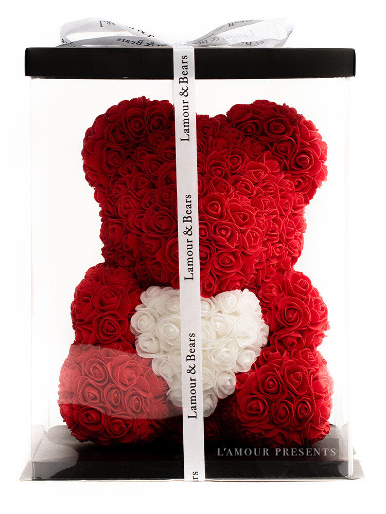 Czerwony miś z róż z białym sercem 40 cm - 25 cm /