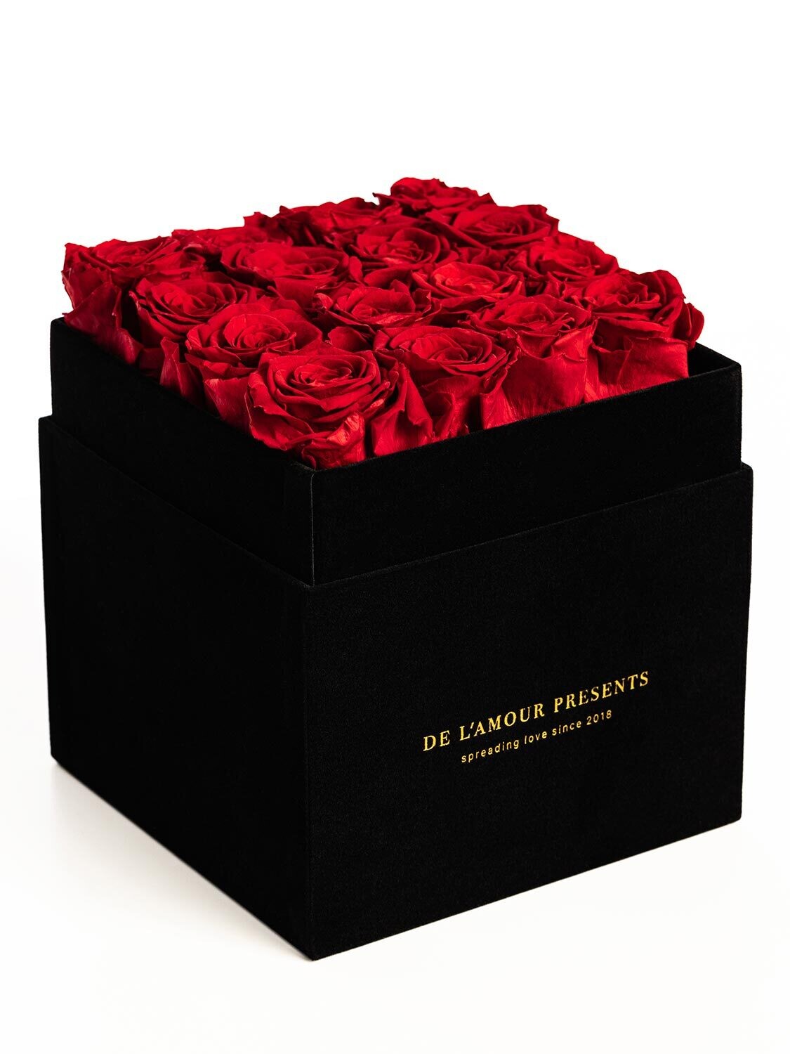 Kwadratowy Welurowy Flower Box 16 róż z Wiecznymi