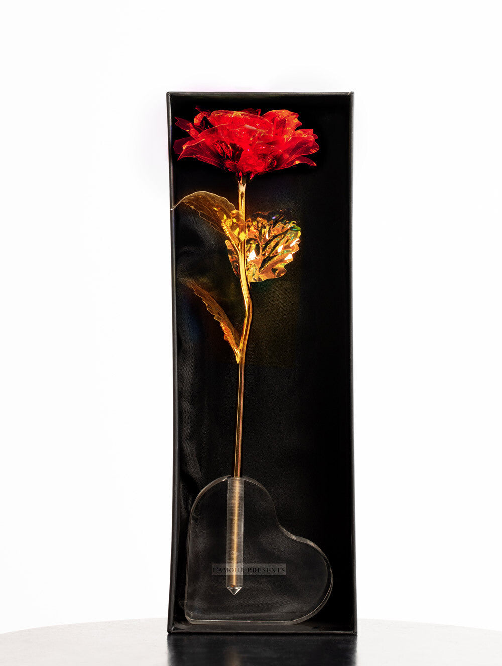 Świecąca Czerwona Róża Lamour z Sercem W Firmowym Pudełku -