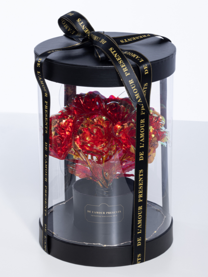 Święcące Czerwone Róże czarny Lamour Box LED - 11 Róż -