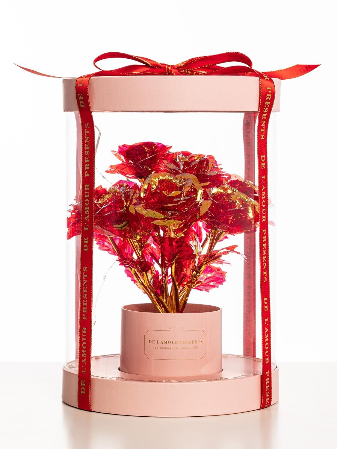 Świecące Czerwone Róże Różowy Lamour Box LED - 11 Róż -