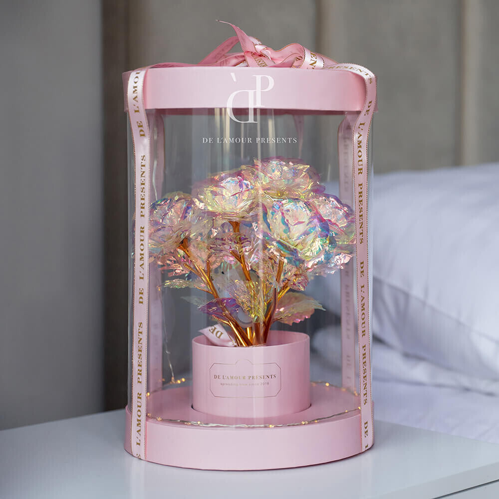 Świecące Róże Różowy Lamour Box LED - 11 Róż - Welurowe