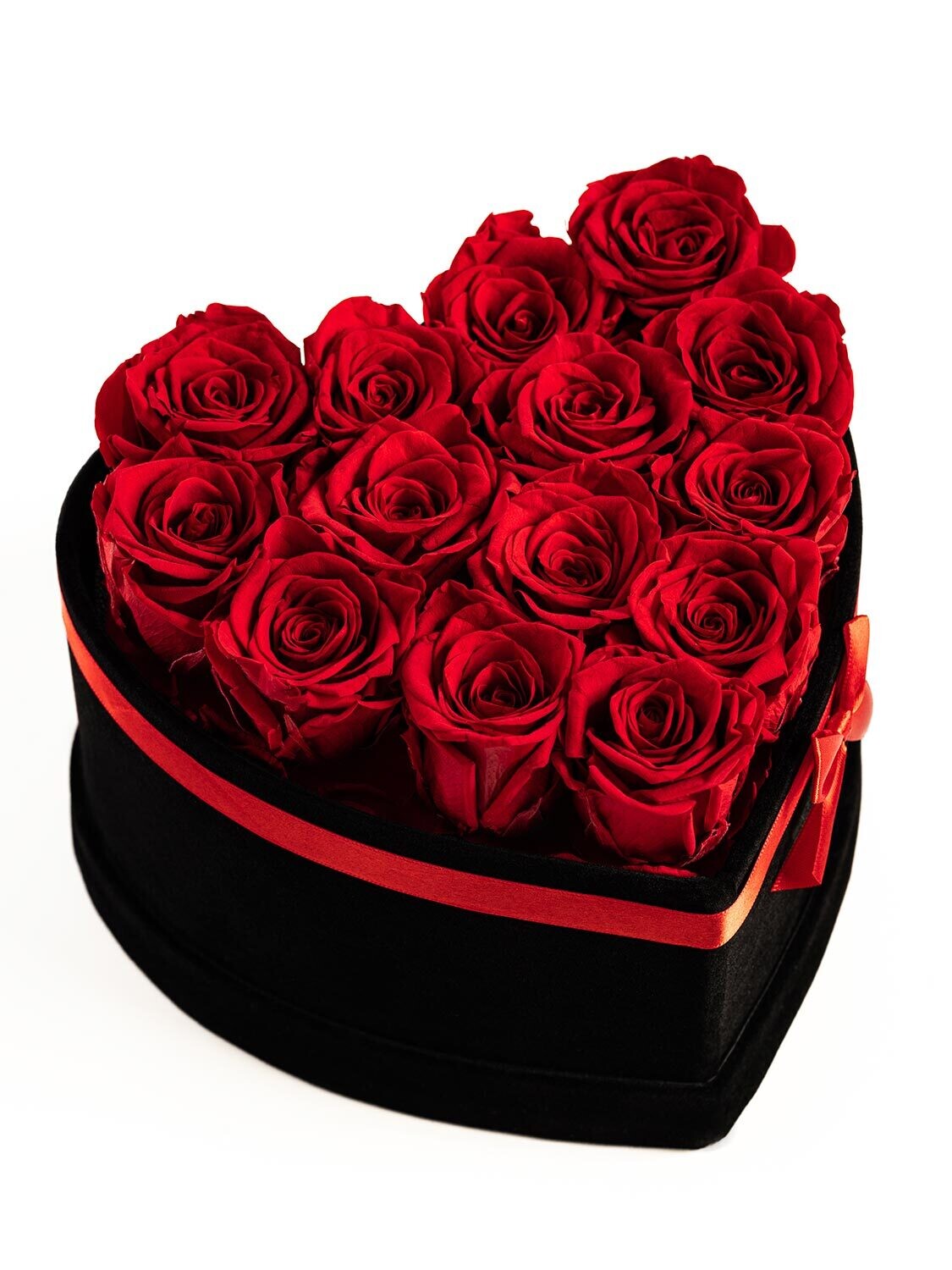 Welurowy Flowerbox 14 Róż w kształcie Serca z Wiecznymi